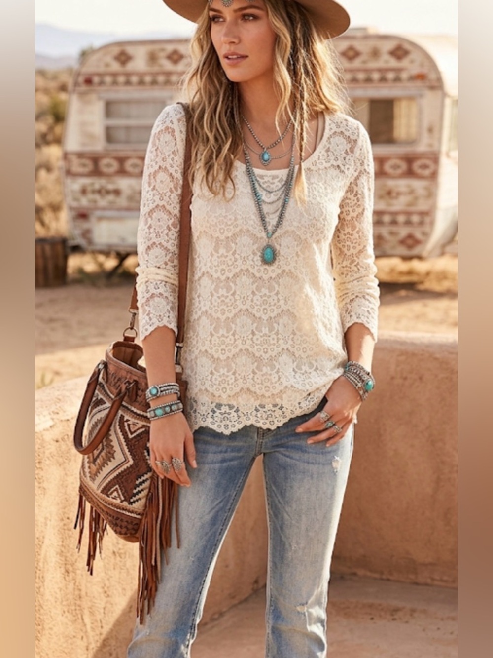 Maurices  ivory lace crochet  scalloped hem long sleeve‎  size large Sku Ab